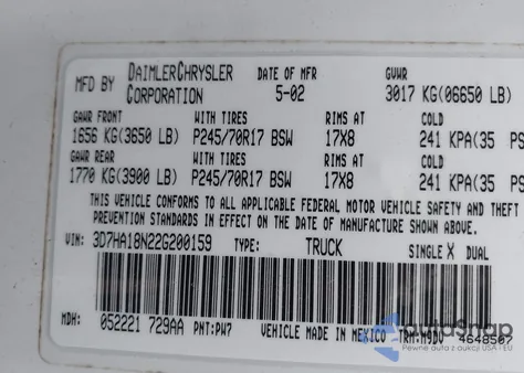 2002 Dodge Ram 1500 St from USA, damaged, VIN 3D7HA18N22G200159